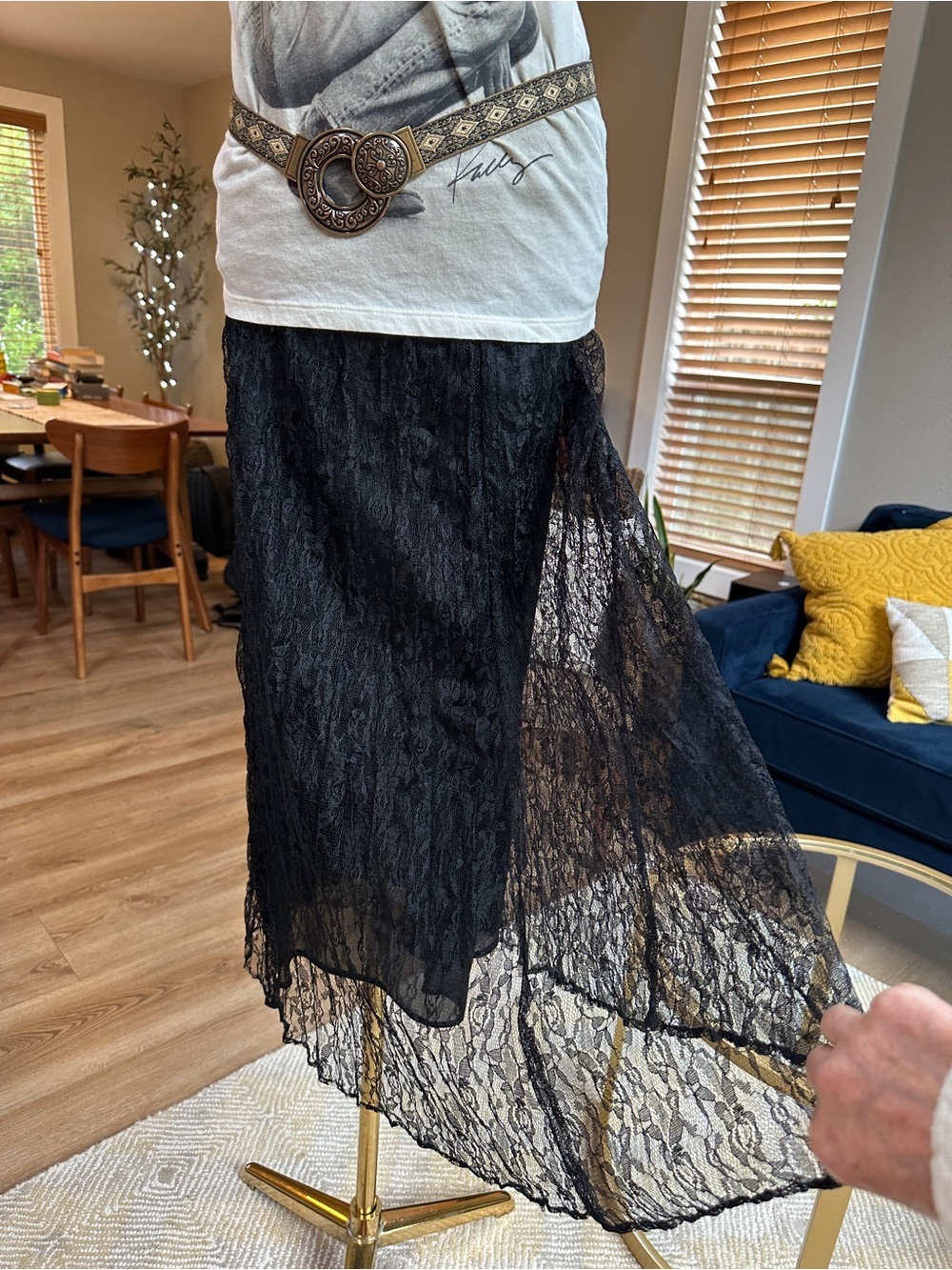 Vintage made in USA Black Lace Maxi Skirt - Elegant Sheer Overlay